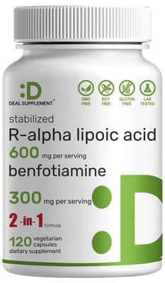DEAL SUPPLEMENT R Alpha Lipoic Acid 600mg with Benfotiamine 300mg Per Serving, 120 Veggie Capsules - 200mg R-ALA Per Capsule - Antioxidant Supplement for Energy &amp; Nervous System Support