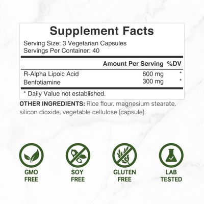 DEAL SUPPLEMENT R Alpha Lipoic Acid 600mg with Benfotiamine 300mg Per Serving, 120 Veggie Capsules - 200mg R-ALA Per Capsule - Antioxidant Supplement for Energy &amp; Nervous System Support