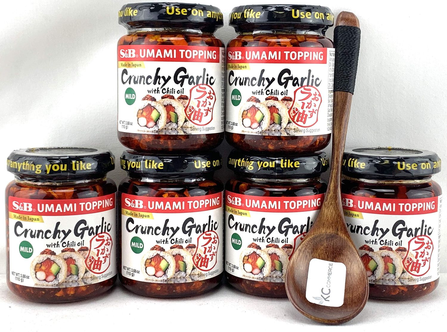 S&amp;B Chili Oil With Crunchhy Garlic Spicy Chili Crisp 14.1oz 3.9oz Pack of 6 Bundle with FREE KC Commerce Wodden Spoon