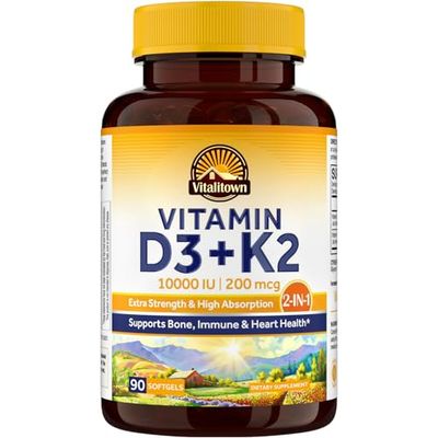 Vitalitown Vitamin D3 K2 Supplement, Vitamin D3 10000 IU Vitamin K2 (MK7) 200 mcg, 90 Softgels, Non-GMO, No Gluten &amp; Soy, for Bone, Teeth, Immune, Heart &amp; Muscle Health