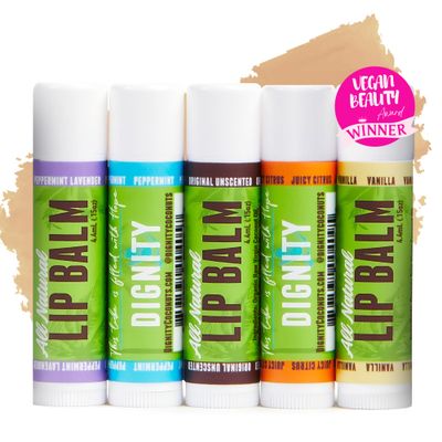 Dignity Coconuts Moisturizing Lip Balm - Soothing &amp; Fragrance-Free, Pack of 5 - Vegan w/Nourishing Coconut Oil, Cocoa Butter &amp; Essential Oils - 4.4ml (0.15oz) Each - Lip Care Set