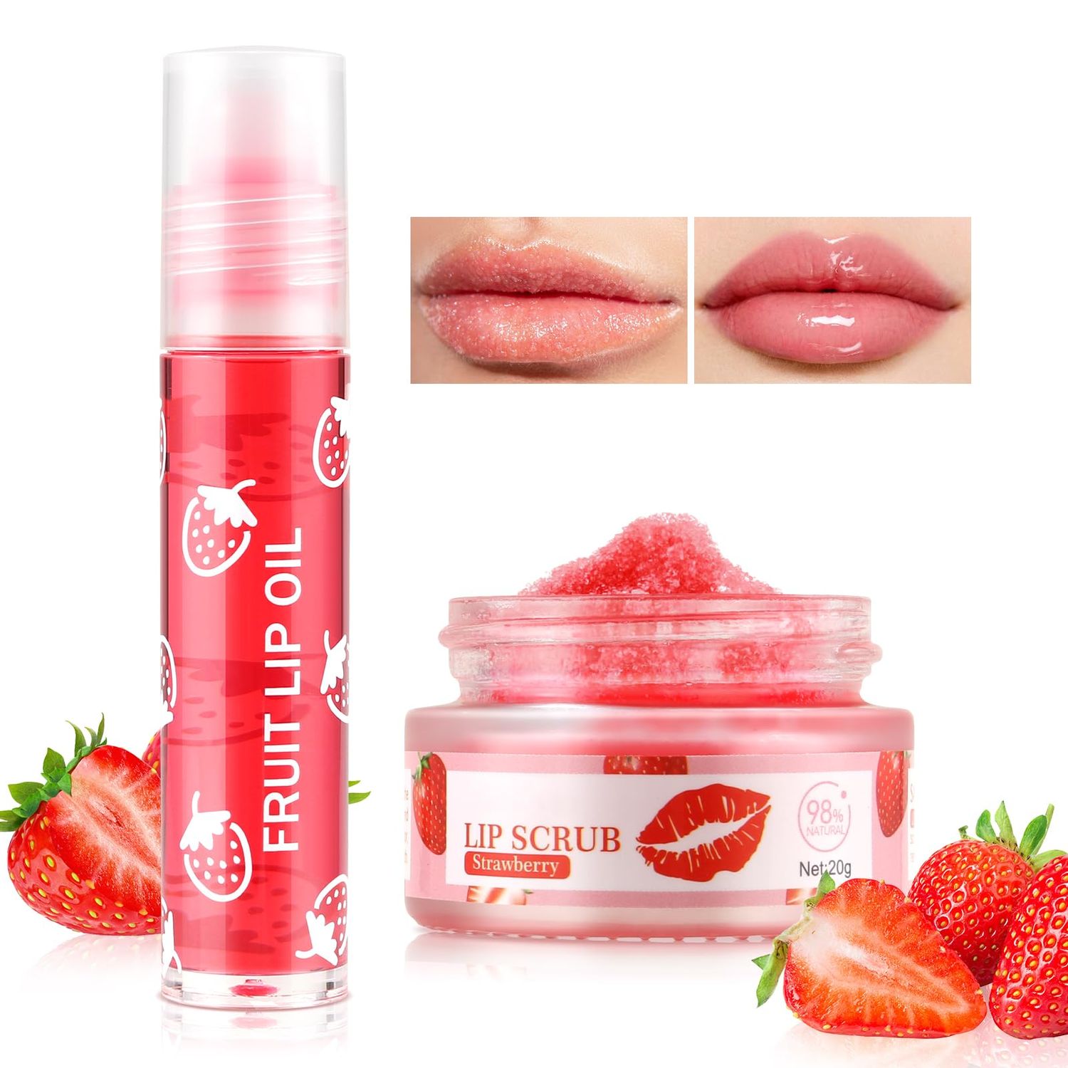 Boobeen Lip Scrub Set, Sugar Scrubber Exfoliator and Hydrating Oil, Moisturizer for Dry Cracked Peel Lips, Fruit Flavoured Care, Delicate and Smooth