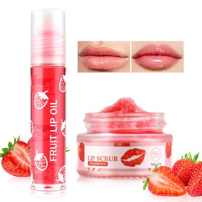 Boobeen Lip Scrub Set, Sugar Scrubber Exfoliator and Hydrating Oil, Moisturizer for Dry Cracked Peel Lips, Fruit Flavoured Care, Delicate and Smooth