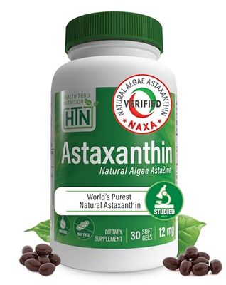 Health Thru Nutrition Astaxanthin Triple Strength 12mg Supplement 30 Softgels | AstaZine from Algae Organically Grown in Pristine Himalayan Water | Skin and Vision Support