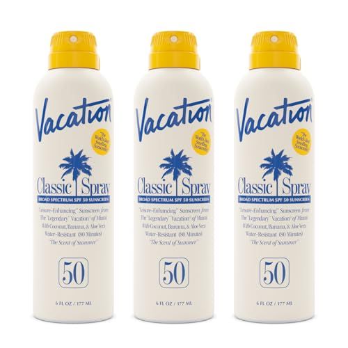 Vacation Classic Sunscreen Spray SPF 50, Water-Resistant, Lightweight, Transparent on All Skin Tones, Dermatologist-Tested, Vegan, 6 Fl. Oz. (Value Pack of 3)