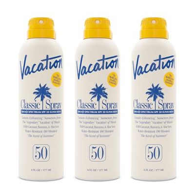 Vacation Classic Sunscreen Spray SPF 50, Water-Resistant, Lightweight, Transparent on All Skin Tones, Dermatologist-Tested, Vegan, 6 Fl. Oz. (Value Pack of 3)