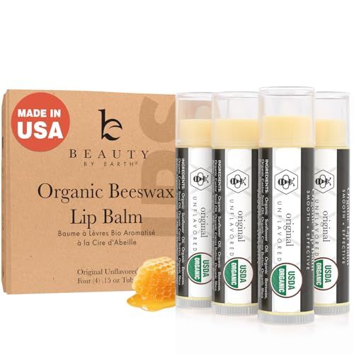 USDA Organic Lip Balm - USA Made with Natural Ingredients, 4 Pack Unflavored Chapstick for Dry Lips, Birthday Gifts for Her &amp; Him, Lip Balm Hydrating Beauty Gifts, Lip Moisturizer, Mens Gift Ideas