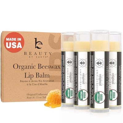 USDA Organic Lip Balm - USA Made with Natural Ingredients, 4 Pack Unflavored Chapstick for Dry Lips, Birthday Gifts for Her &amp; Him, Lip Balm Hydrating Beauty Gifts, Lip Moisturizer, Mens Gift Ideas