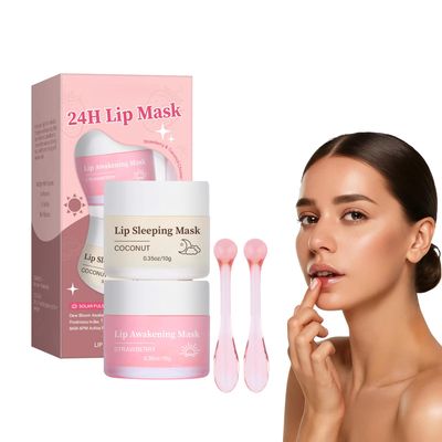 24H Lip Mask Set - Strawberry Day &amp; Coconut Night Care - Hydrating &amp; Softening Lip Sleeping Mask Duo for Dry, Flaky Lips - 10g x 2 (Strawberry and Coconut Set)