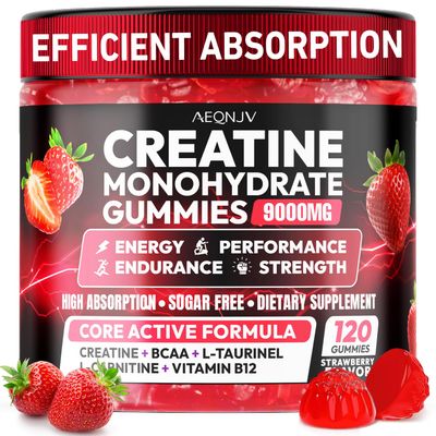 AEQNJV Creatine Gummies Monohydrate Complex 9000MG, Chewable Creatine Monohydrate Gummies for Men &amp; Women with L-Taurine, BCAA 2:1, B12/6, Building Muscle Strength and Boost Focus, 30 Days Supply