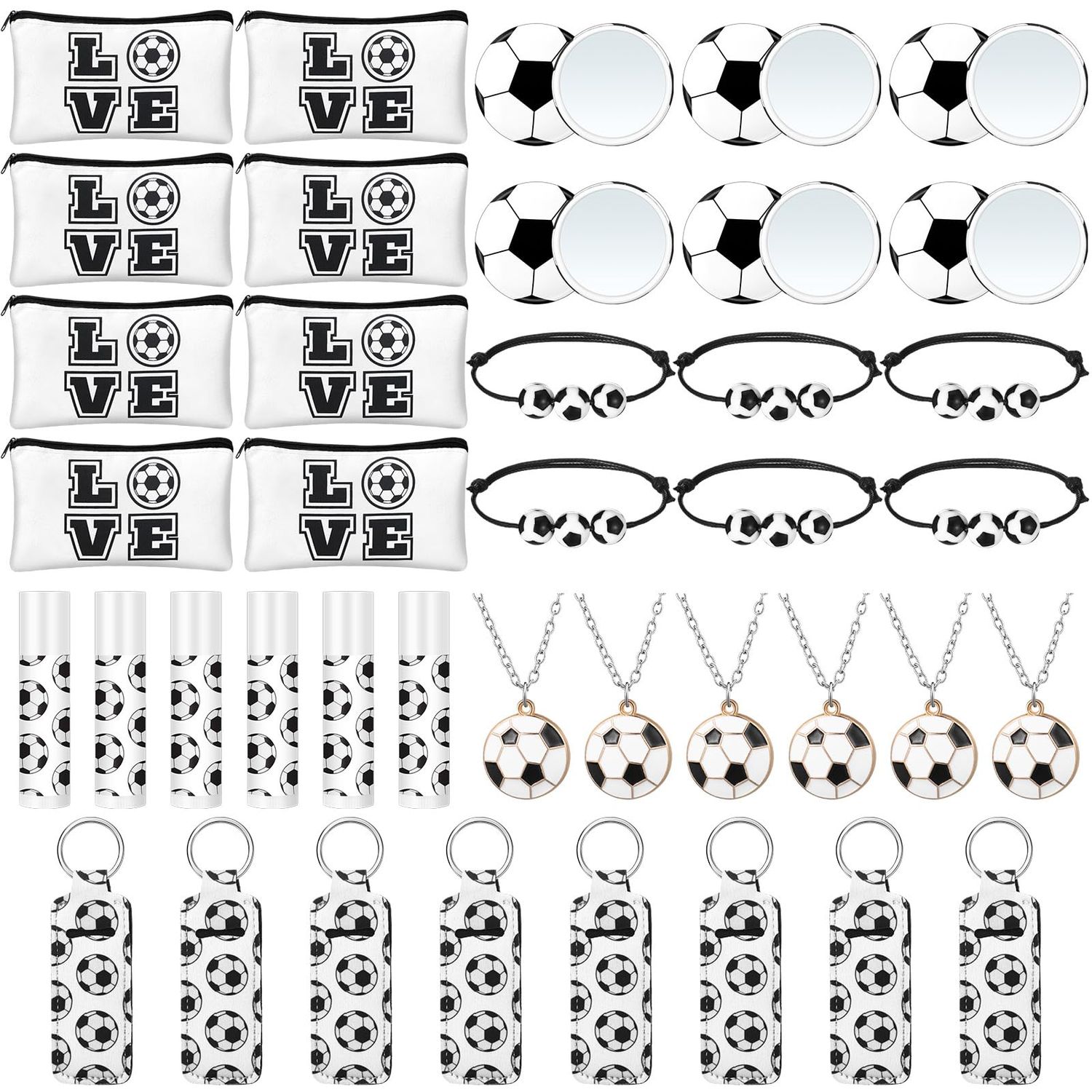 Yeyeplum 72 Pcs Sports Team Gifts Include 12 Makeup Bags 12 Lip Balm 12 Lip Balm Holder 12 Necklace 12 Adjustable Bracelet 12 Mirrors for Sports Lovers Players Party Favors (Black, Soccer)