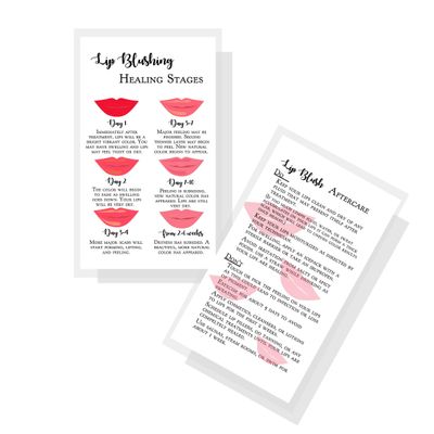 Boutique Marketing LLC Lip Blush Stages of Healing and Aftercare Instructions Cards,Package of 50,Double Sided Size 2x3.5 inch inches Business Card,Lips Design,white,red,pink,black