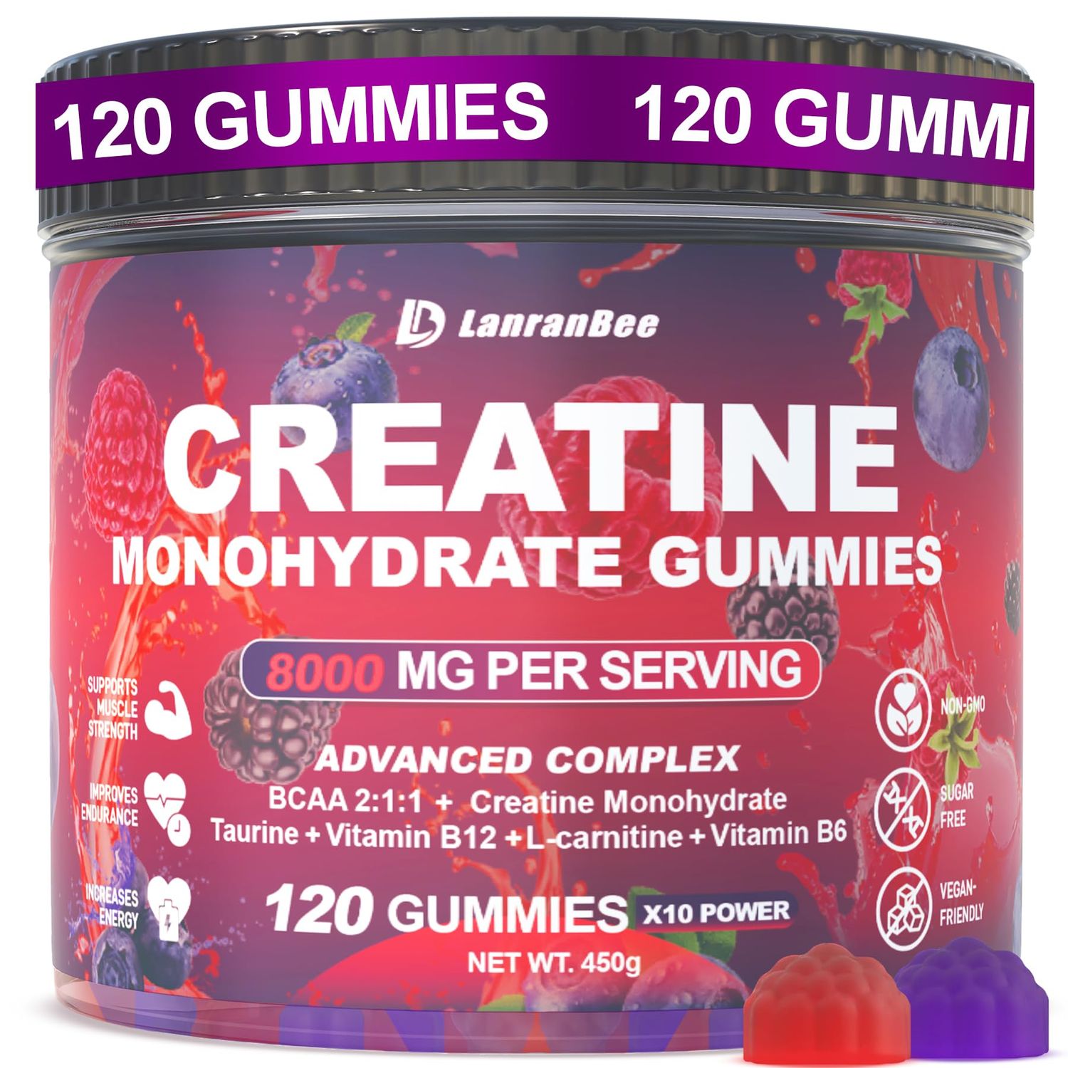 Creatine Monohydrate Gummies 8000mg with L-Carnitine &amp; Taurine, Raspberry BlackBerry Blueberry Flavor - Pre-Workout Supplement for Muscle Strength, Energy Boost - Sugar Free, Vegan, 120 Count