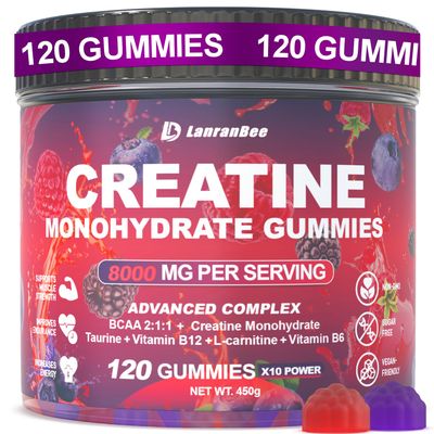 Creatine Monohydrate Gummies 8000mg with L-Carnitine &amp; Taurine, Raspberry BlackBerry Blueberry Flavor - Pre-Workout Supplement for Muscle Strength, Energy Boost - Sugar Free, Vegan, 120 Count