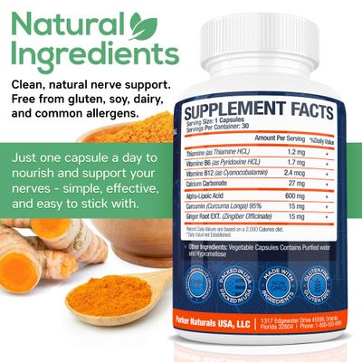Alpha Lipoic Acid 600mg, Nerve Support Supplement Enriched with Thiamine, Curcumin, Ginger Root, and Vitamin B6, B12 All in One | Vegan Neuro Health Supplement, Lab Tested, 30 Capsules