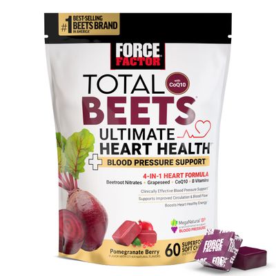 FORCE FACTOR Total Beets Ultimate Heart Health Blood Pressure Support Chews with CoQ10, Beet Root Powder, Grape Seed Extract, Blood Pressure Supplement for Circulation &amp; Blood Flow, 60 Soft Chews
