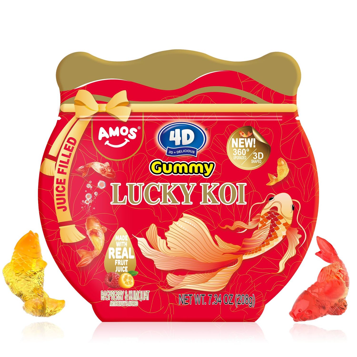 Amos 4D Gummy Lucky Koi Candy, 3D Koi-Shaped Gummies with Raspberry &amp; Kumquat Juice, 208g Bag, Gluten-Free, Random Packaging