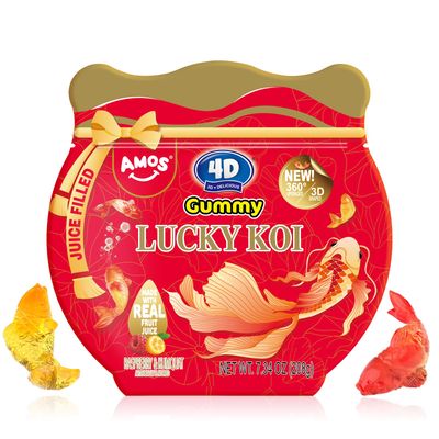 Amos 4D Gummy Lucky Koi Candy, 3D Koi-Shaped Gummies with Raspberry &amp; Kumquat Juice, 208g Bag, Gluten-Free, Random Packaging