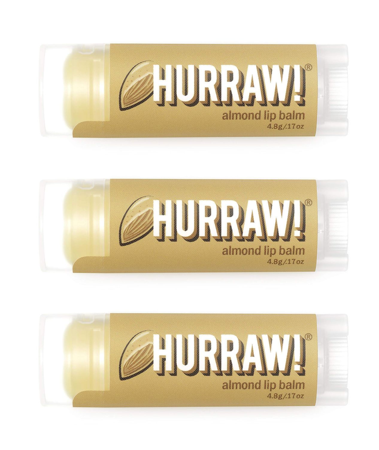 Hurraw! Almond Lip Balm, 3 Pack: Organic, Certified Vegan, Cruelty and Gluten Free. Non-GMO, 100 Natural Ingredients. Bee, Shea, Soy and Palm Free. Made in USA