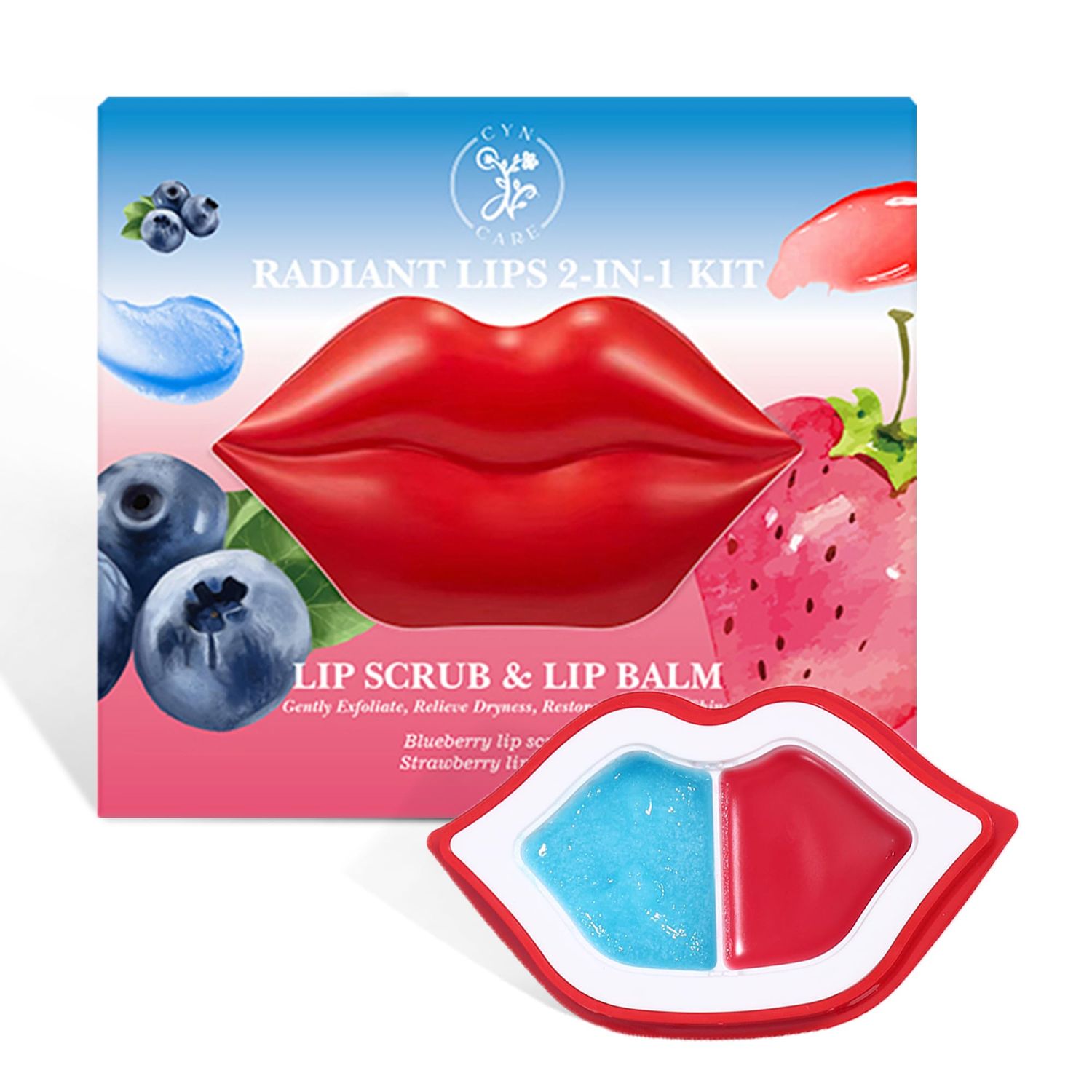 Cyn Care Lip Care Kit with Blueberry Lip Scrub Exfoliator and Strawberry Balm Moisturizer - Intense Hydration Set for Dry, Chapped, Cracked Lips