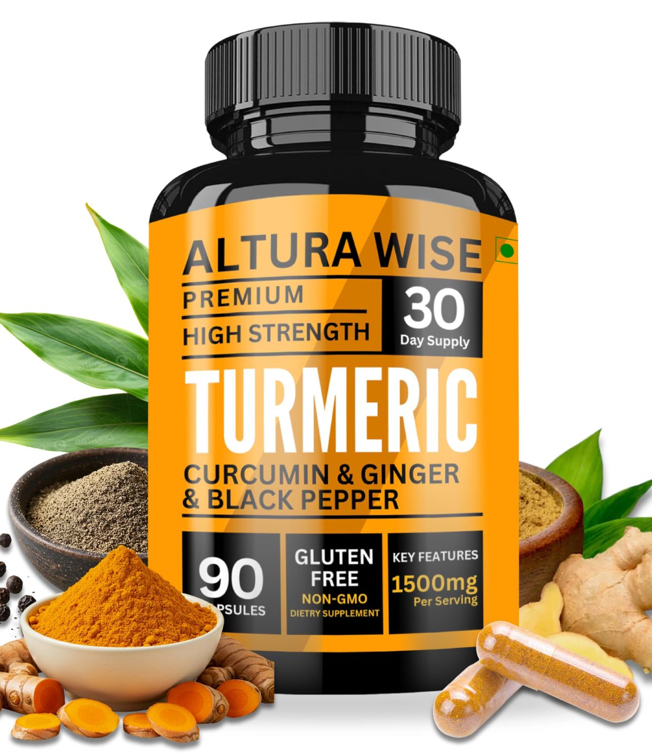 Turmeric Curcumin with Ginger &amp; Black Pepper - Extra Strength Joint &amp; Digestion Support - Natural, Non-GMO - Ultra High Absorption Turmeric Supplement - 1500mg, 90 Count