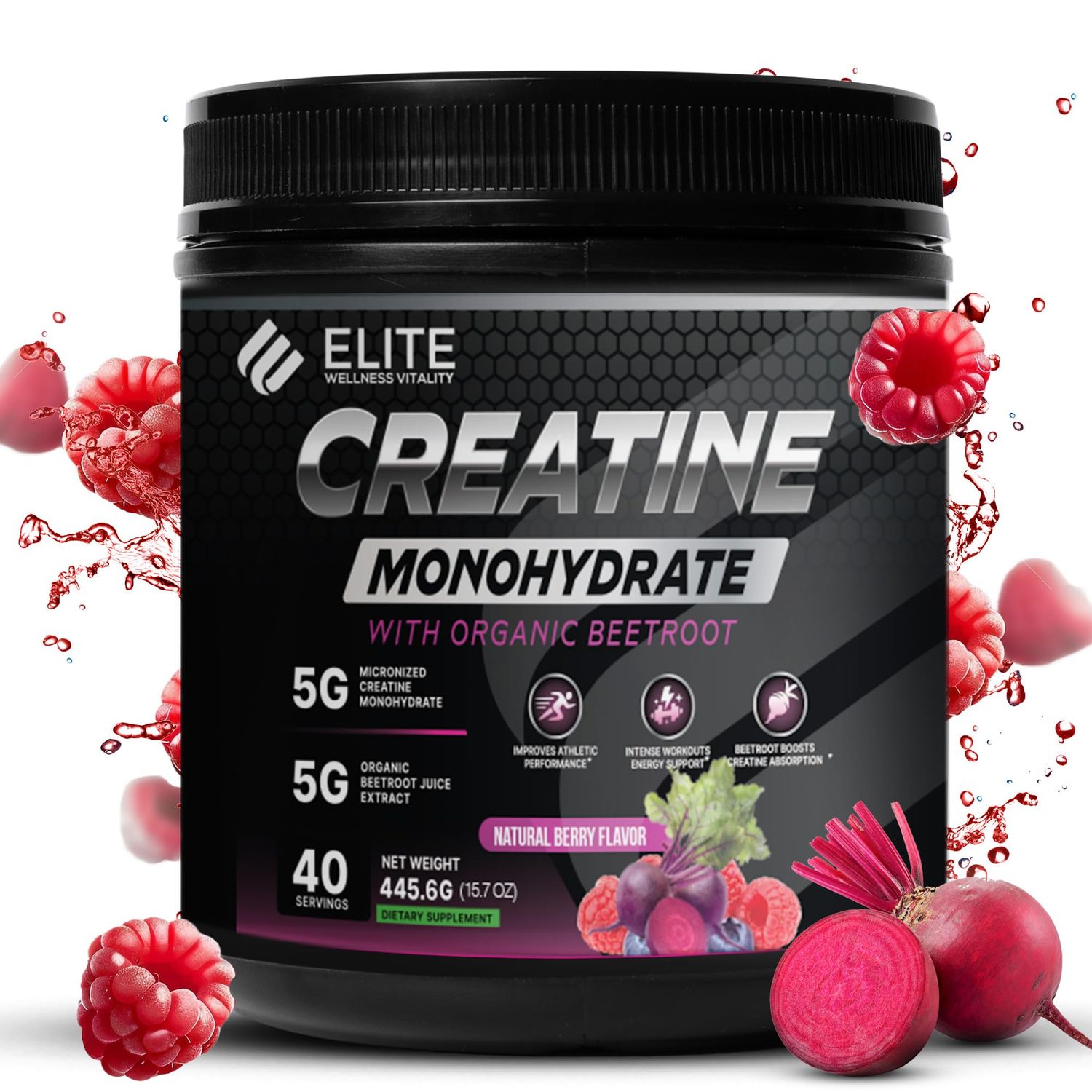 Elite Wellness Berry Flavor Creatine Monohydrate with Organic Beetroot Supplement - Supports Muscle Strength, Stamina, Cognitive Function &amp; Athletic Performance, Gluten &amp; Dairy Free, NSF Qualified