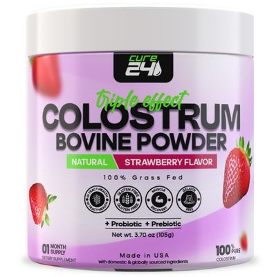 Cure24 Bovine Colostrum X3 Supplement Powder for Humans, 100 Pure Whole Natural Grass Fed Superfood, High IgG, Plus Probiotic &amp; Prebiotic, Natural Strawberry Flavor, Made in USA