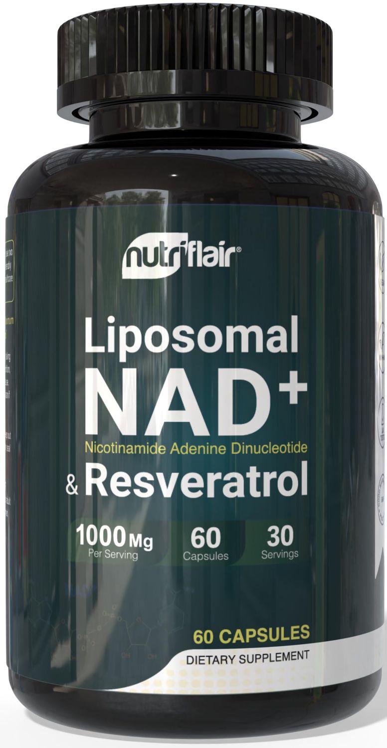 NutriFlair Liposomal NAD Supplement with Resveratrol 1000mg per Serving, 60 Capsules - High Absorption, Non-GMO, Made in USA
