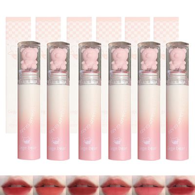 6Pcs Colors Bear Velvet Matte Lipstickt, Cute Pink Bear Lip Gloss Waterproof Long Lasting Lip Glaze Moisture Non-Stick Cup Lip Stain for Girls Women Lovers Beauty Makeup for Lips and Cheeks
