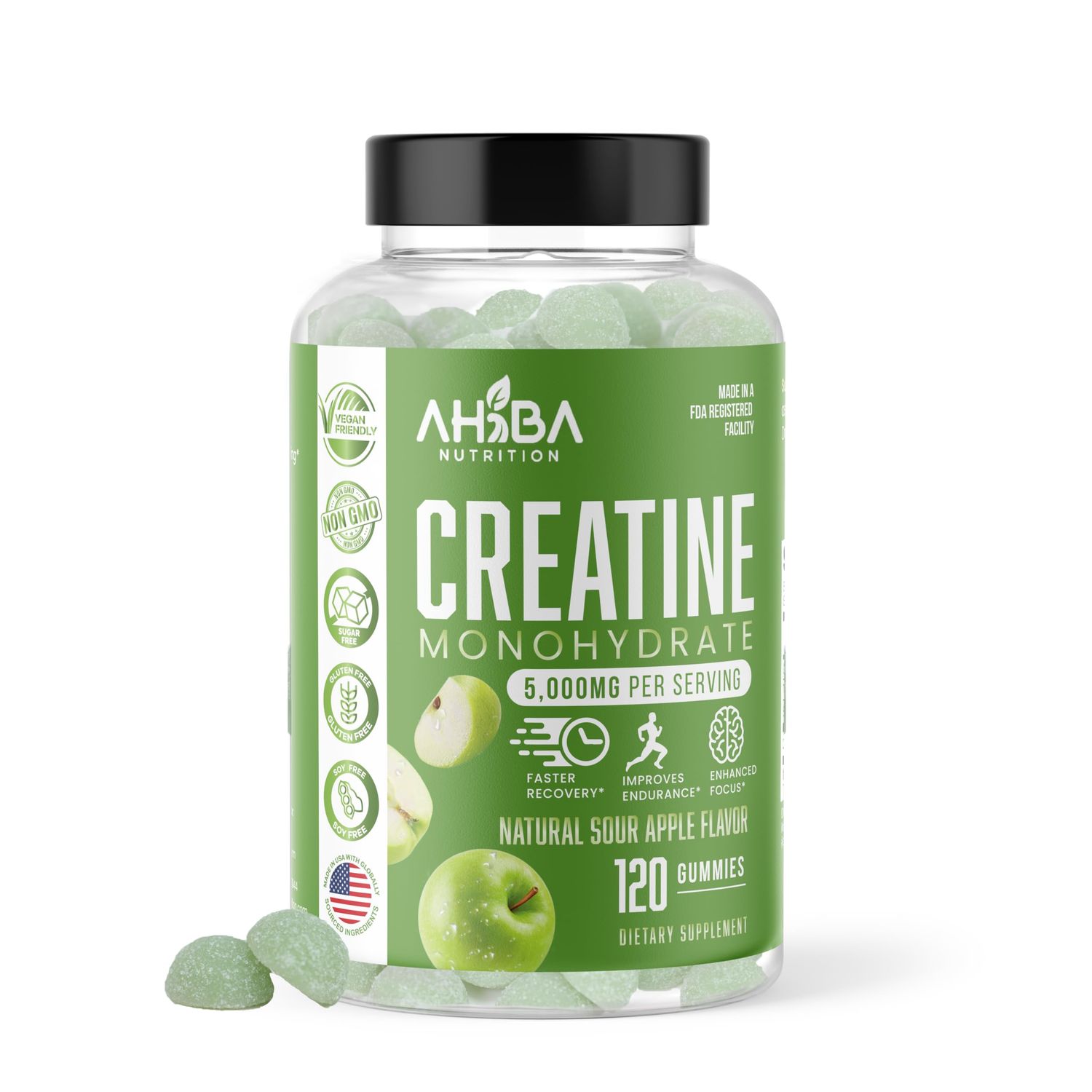 Ahiba Nutrition Creatine Monohydrate Gummies 5g per Serving, chewable, Vegan, Non-GMO, Sugar-Free, Soy-Free, Gluten-Free, Men &amp; Women,More Strength &amp; Recovery- Sour Apple Flavor, Made in USA