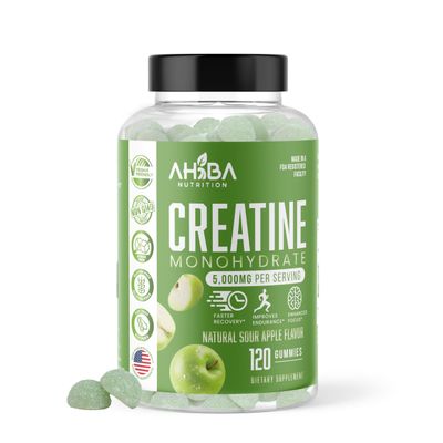 Ahiba Nutrition Creatine Monohydrate Gummies 5g per Serving, chewable, Vegan, Non-GMO, Sugar-Free, Soy-Free, Gluten-Free, Men &amp; Women,More Strength &amp; Recovery- Sour Apple Flavor, Made in USA