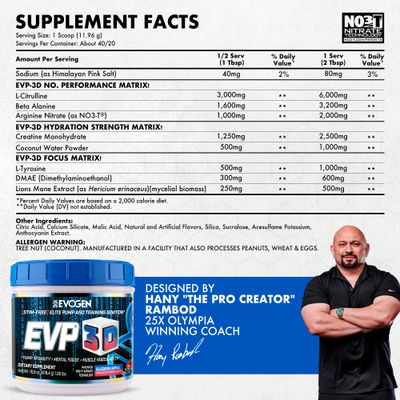 Evogen EVP 3D - Stim Free Pre Workout Powder for Men & Women | Sugar Free Non Stim Preworkout with Beta Alanine and Creatine for Energy & Pump | Blueberry Apple | 40 Servings