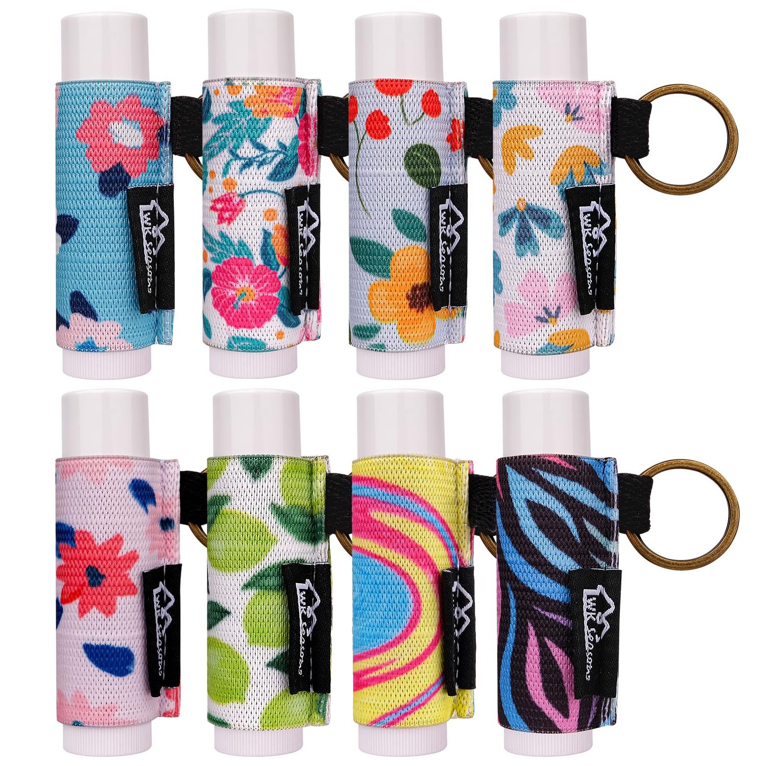 WK IEASON 8PCS Lip Balm Holder Keychain Bulk Chapstick Holder Key chain Lip Gloss Holder Sleeve - Elastic Holder Sleeve for Fat and Slim Lip Balms Lip Gloss and Lip Sticker(8pcs Floral B)