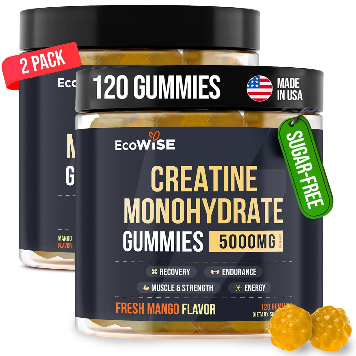 EcoWise Wellness 2 Pack Creatine Monohydrate Gummies 5000 mg, Fresh Mango Flavor, 120 Sugar-Free Vegan Chews, Creatine Supplement for Daily Routine