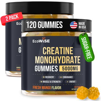 EcoWise Wellness 2 Pack Creatine Monohydrate Gummies 5000 mg, Fresh Mango Flavor, 120 Sugar-Free Vegan Chews, Creatine Supplement for Daily Routine