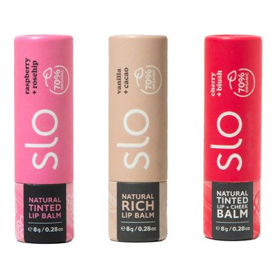 Slo | Natural Lip Balm - All Natural Ingredients, Vegan &amp; Cruelty Free, Hydrating &amp; Soothing, Plastic Free | Raspberry Rosehip &amp; Cherry Blush &amp; Vanilla Cacao | 3 Pack (3 x 0.28oz/8g)