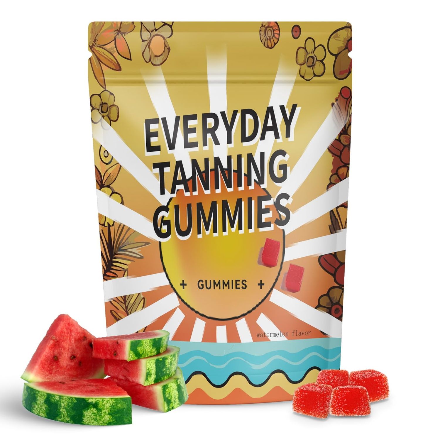 Daily Tanning Gummies - Natural Sunless Tanning Gummies for Women with Astaxanthin, Lycopene, Beta Carotene - Rich in Antioxidants, Boosts Melanin - Watermelon Flavor - 60 Chewables Gummies