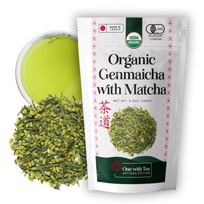 One With Tea - Organic Genmaicha with Matcha - Japanese Green Tea Blend with Roasted Brown Rice &amp; Vibrant Matcha - Nutty, Umami-Rich &amp; Smooth - Loose Leaf - USDA Certified Organic