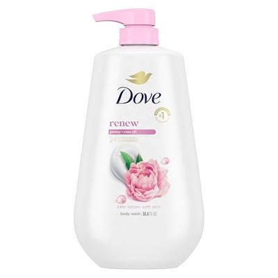 Dove Body Wash with Pump Renew Peony &amp; Rose Oil For 24hr Lotion-Soft Skin Moisturizing Skin Cleanser with No Sulfates No Parabens 30.6 Oz