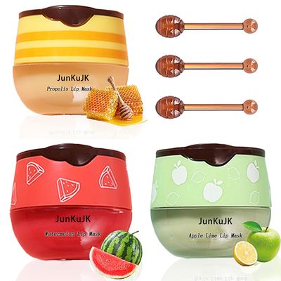 JunKuJK 3 Pcs Bee Lip Balm Honey Pot with Stick,Moisturizing Lip Mask Overnight,Day and Night Tinted Sleeping Lip Balm,Hydrating Lip Scrubs Exfoliator &amp; Moisturizer