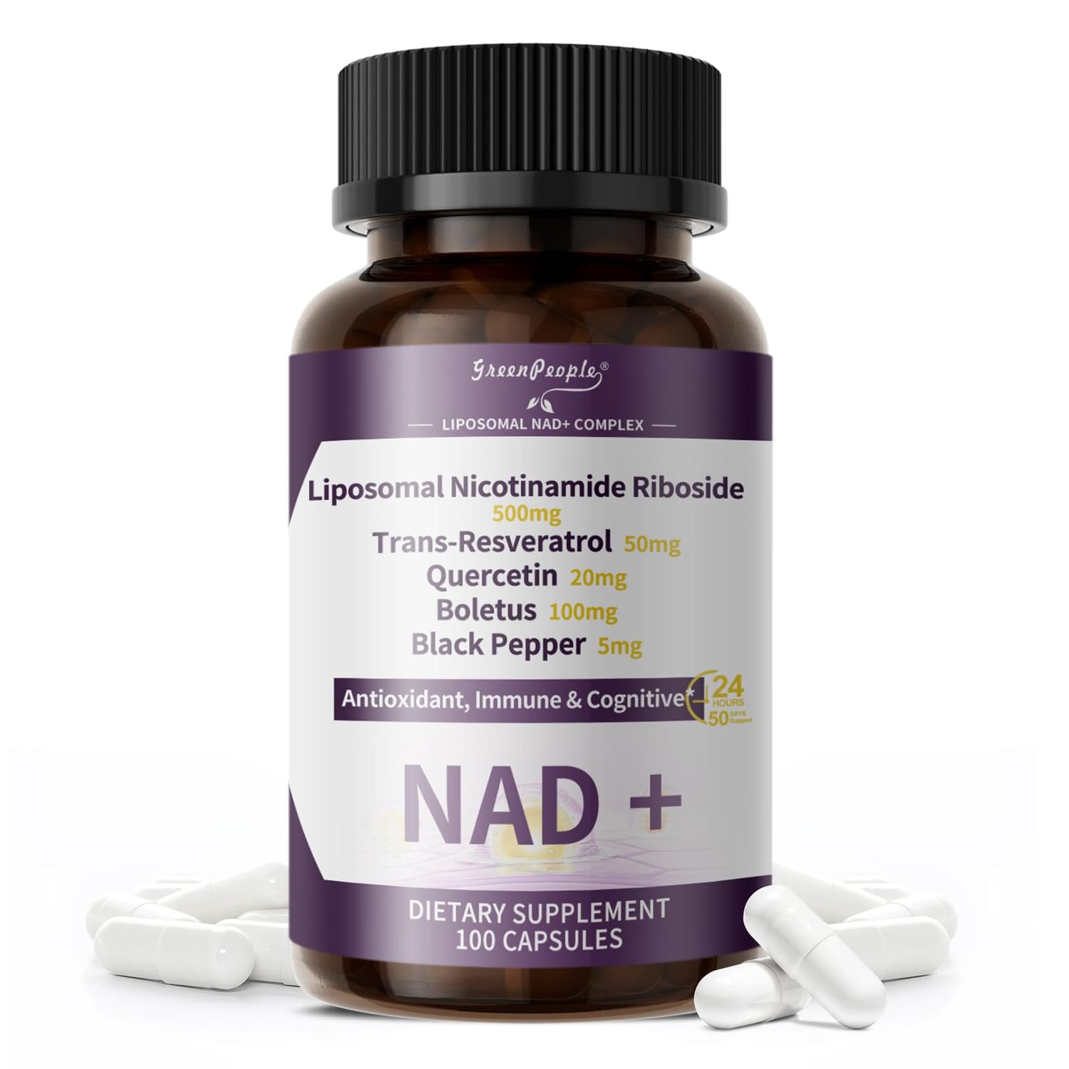 GREENPEOPLE NAD Supplement for Women - Liposomal NAD Supplement Nicotinamide Riboside with Resveratrol &amp; Quercetin | NAD Plus Boosting Cellular Energy/Anti-Aging Support | 100 Vegan Capsules
