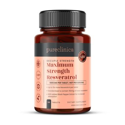 pureclinica 1000mg Resveratrol x 90 Tablets (3 Months Supply). 10 x Strength with Black Pepper Extract for Faster Absorption