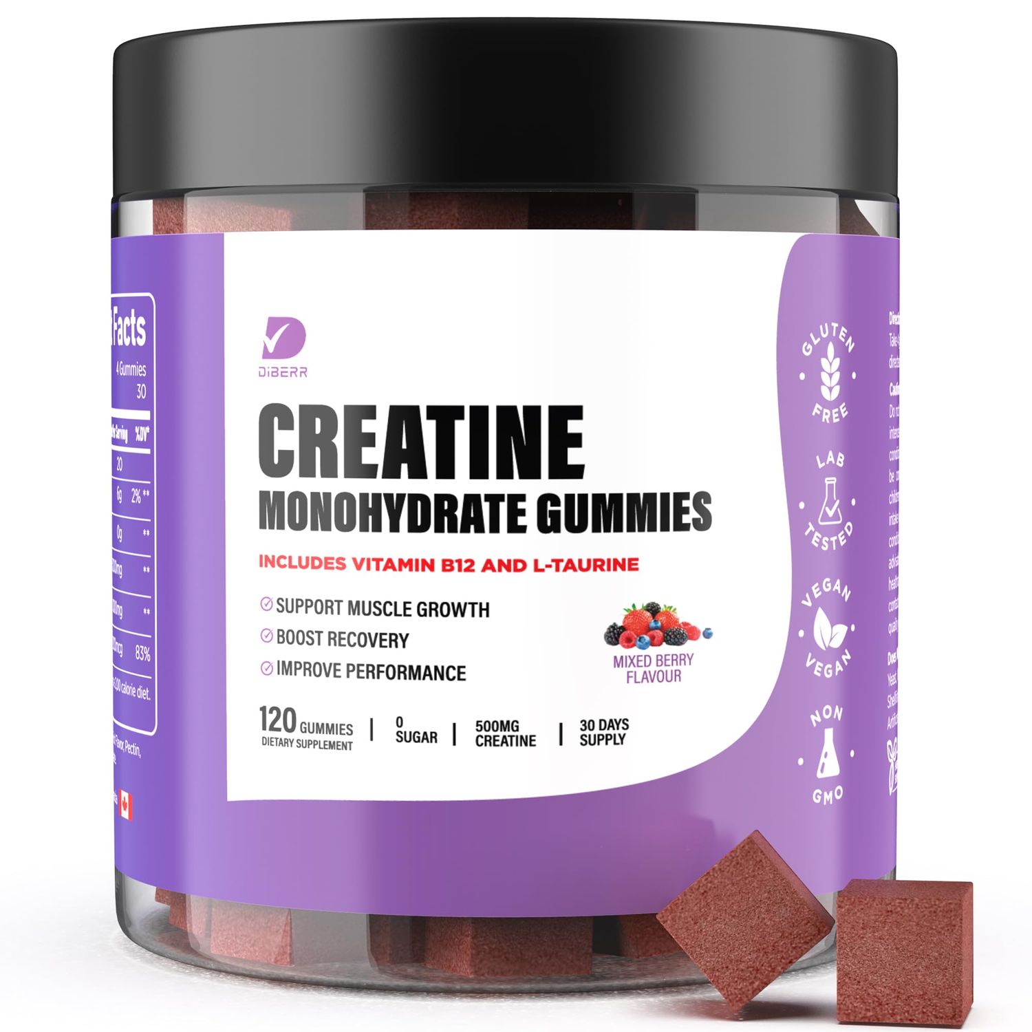 DIBERR Creatine Gummies - Creatine Monohydrate Gummies for Men &amp; Women - 5g of Creatine Monohydrate per Serving- Increase Focus, Strength, Endurance -Build Muscle, Sugar Free,Vegan, Non-GMO 120 Ct