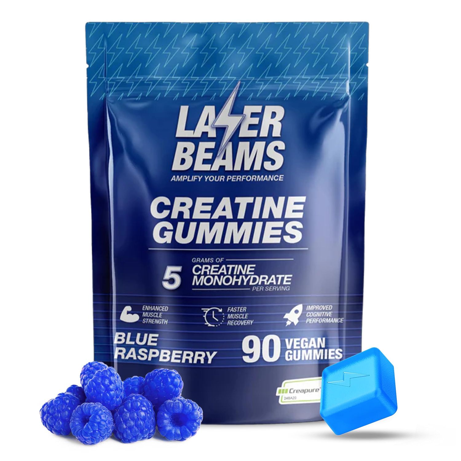 Laser Beams Creatine Monohydrate Gummies - 5g Creapure Creatine per Serving - Vegan, Blue Raspberry Flavor - Boost Muscle Strength, Endurance, Recovery &amp; Mental Focus - 90 Gummies, Gluten-Free