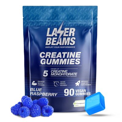 Laser Beams Creatine Monohydrate Gummies - 5g Creapure Creatine per Serving - Vegan, Blue Raspberry Flavor - Boost Muscle Strength, Endurance, Recovery &amp; Mental Focus - 90 Gummies, Gluten-Free