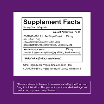 Resveratrol Complex Supplement 1500mg with Clinically Tested Cognigrape Red Grape Extract 20 Proanthocyanidins - Antioxidant &amp; Brain Health Support - 90 Veggie Capsules, Non-GMO, Gluten-Free, Vegan