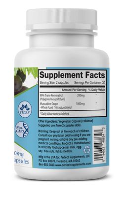 Perfect Supplements - Perfect ResGrape Resveratrol - 60 Veggie Capsules - Trans-Resveratrol &amp; Organic Muscadine Grape