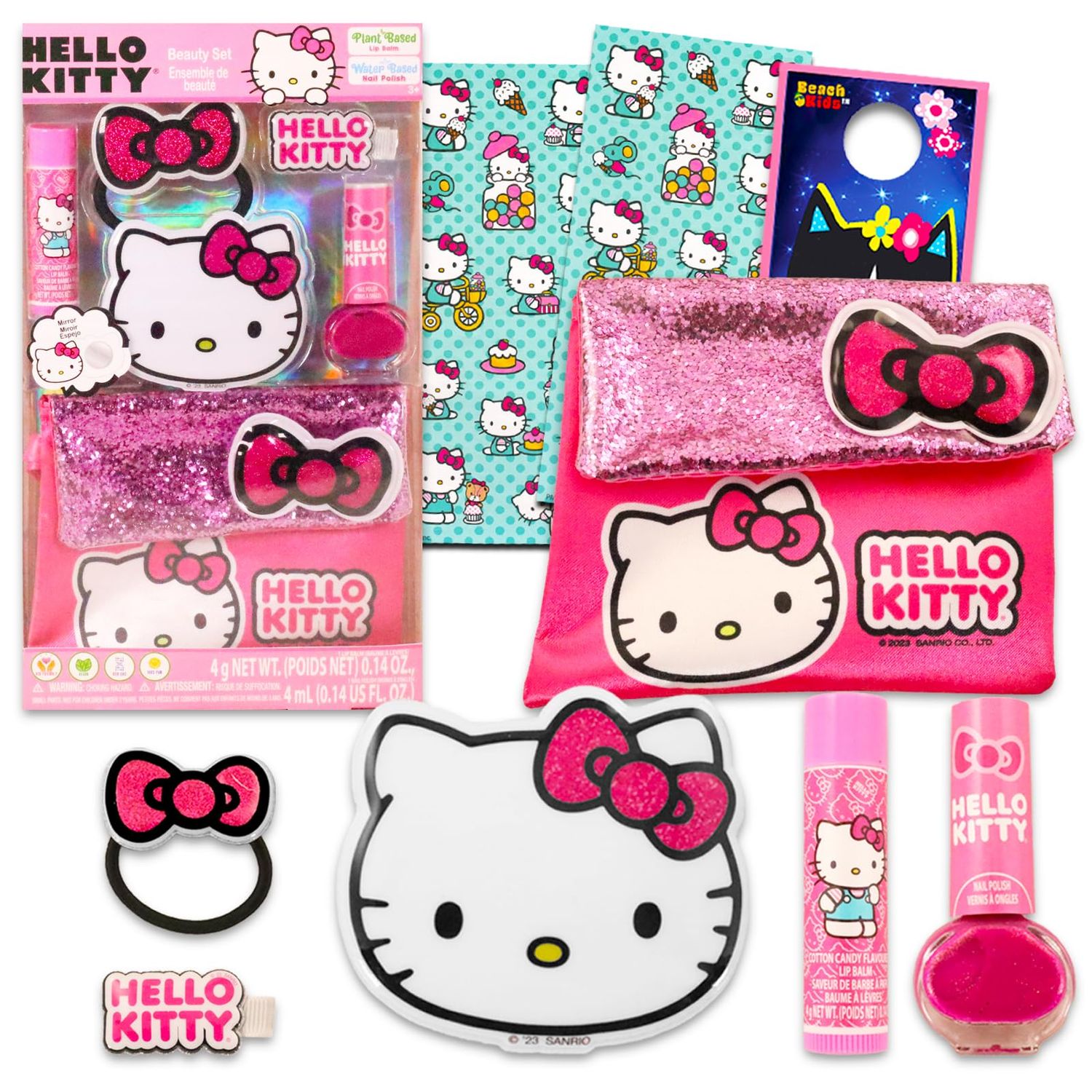 Hello Kitty Lip Balm Set - Bundle with Lip Balm, Scrunchie, Bracelet, Cosmetic Bag, Stickers