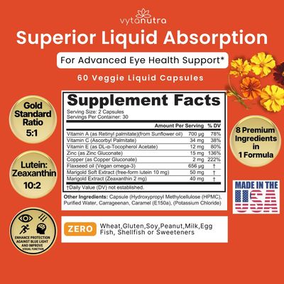 Vytanutra Liquid Lutein &amp; Zeaxanthin - Fast-Absorbing Eye Support for Blue Light &amp; Visual Health with Zinc, Vitamin A &amp; Antioxidants - 60 Veggie Liquid Capsules