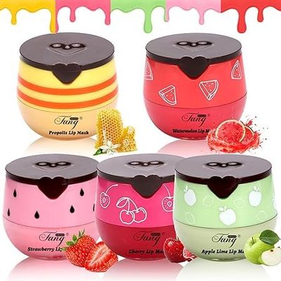 Honey Lip Balm, Bee Lip Balm Honey Pot,Moisturizing Lip Mask Overnight,Hydrate Repair Prevent Dry Cracked Lip Care/ 5 cans (HoneyStrawberryWatermelonAppleCherry)